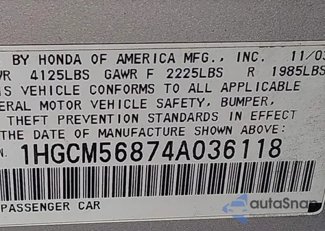 2004 Honda Accord 2.4 Ex из США, поврежденный, VIN 1HGCM56874A036118